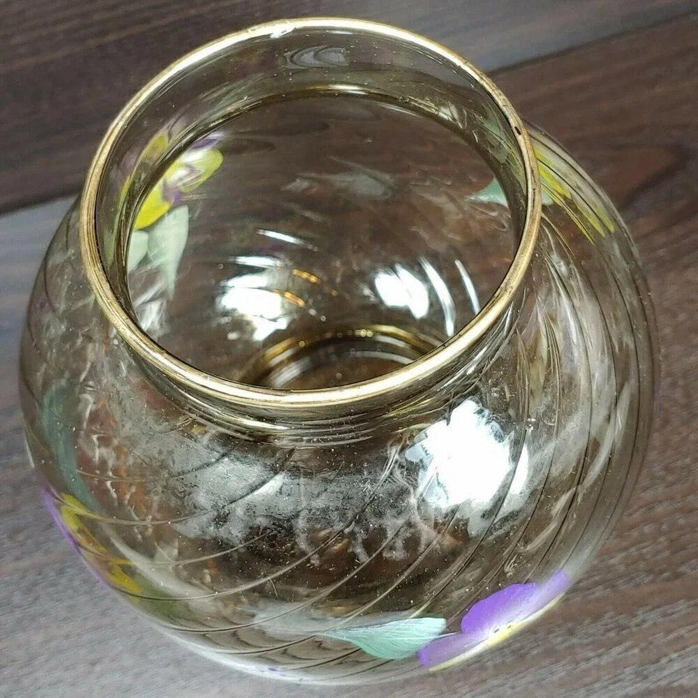 Hand Painted Floral Swirl Ribbed Gold Rim Brown Glass Vase Vintage Local Artist